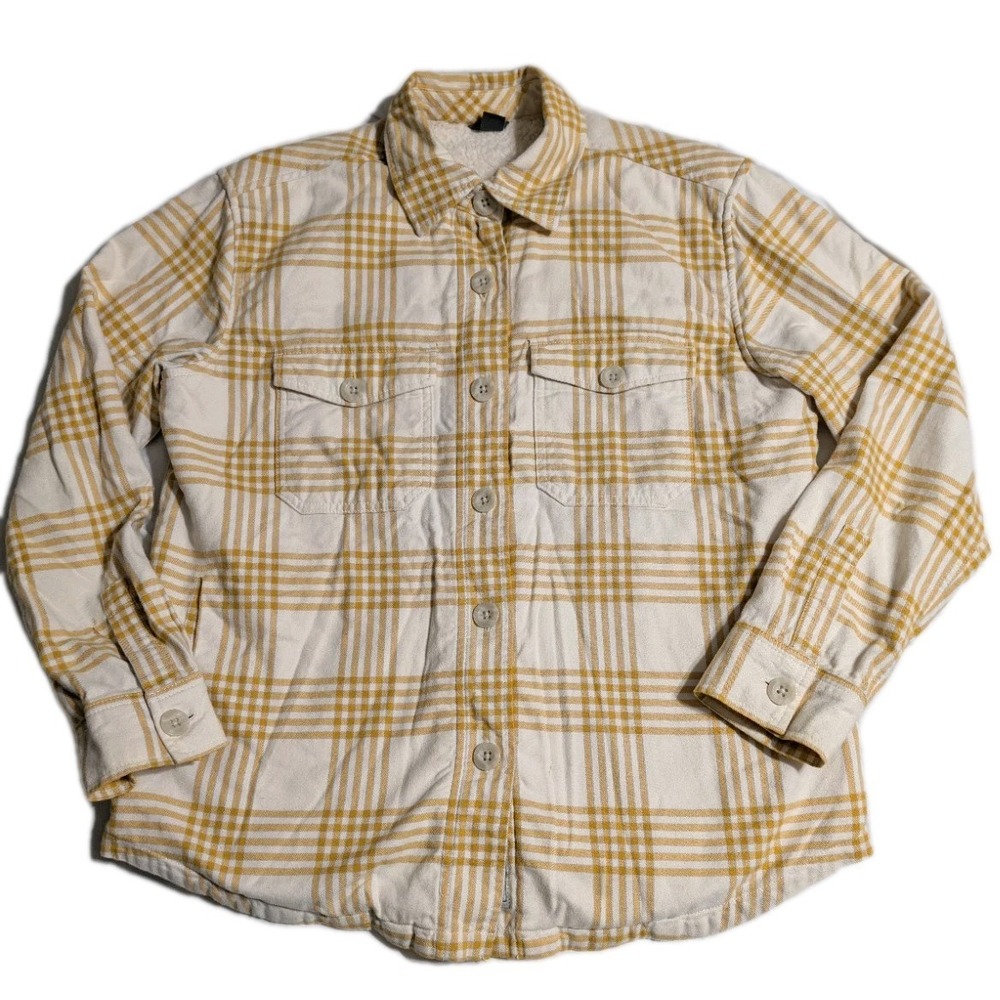 Eddie Bauer‎ Sherpa-Lined Flannel Shacket Men's M Cream Yellow Plaid Fleece
